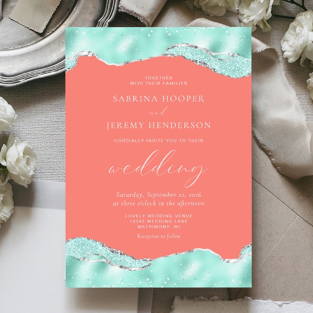Aqua Coral Pink Silver Foil Glitter Wedding Invitation (Creator Uploaded)