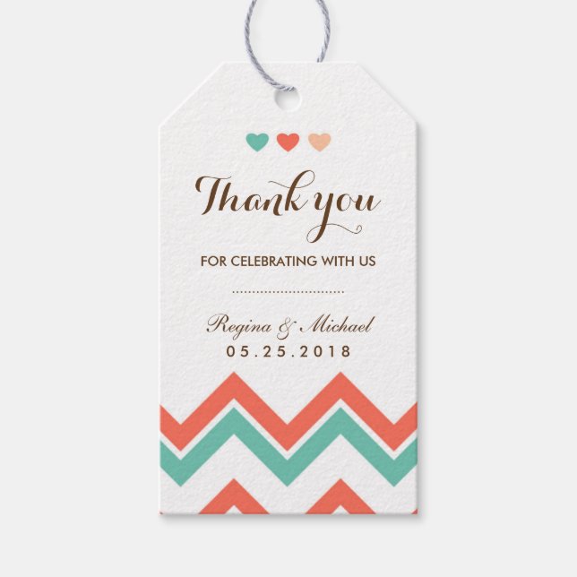 Aqua Coral Red Chevron Pattern Wedding Gift Tag (Front)