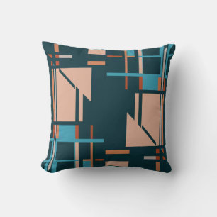 Aqua Coral Rust on Dark Teal Geometric MCM Look Cushion
