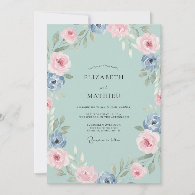 Aqua Cornflower Peony Wedding Invitation (Front)