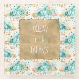 Aqua Cream Gold Floral         Glass Coaster