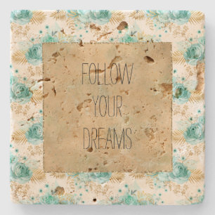 Aqua Cream Gold Floral Stone Coaster