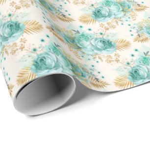 Aqua Cream Gold Floral     Wrapping Paper