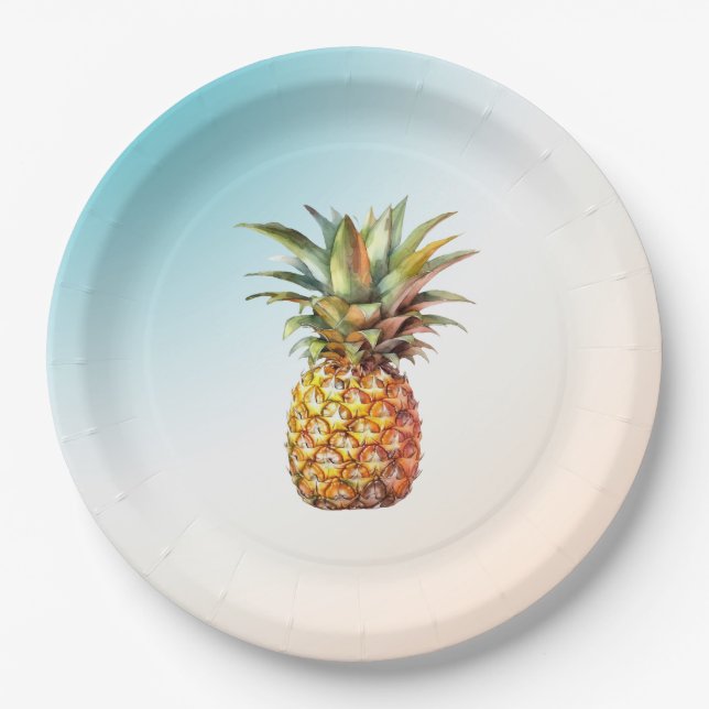 Aqua Cream Happy Tropical Pineapple Paper Plate (Front)