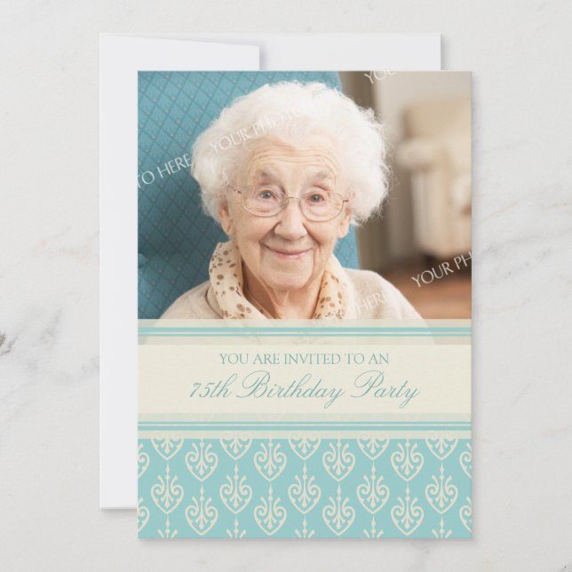Aqua Cream Photo 75th Birthday Party Invitations (Front)