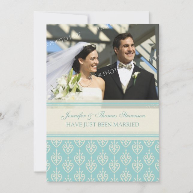 Aqua Cream Photo Just Married Announcement Cards (Front)