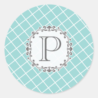 Aqua Cross Hatch Vintage Wedding Monogram Sticker