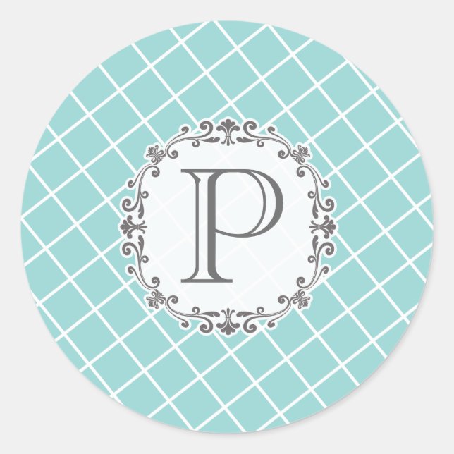 Aqua Cross Hatch Vintage Wedding Monogram Sticker (Front)