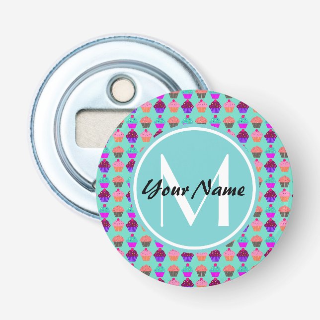 Aqua Cupcake Personalised Monogram Bottle Opener (Front)