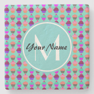 Aqua Cupcake Personalised Monogram Stone Coaster