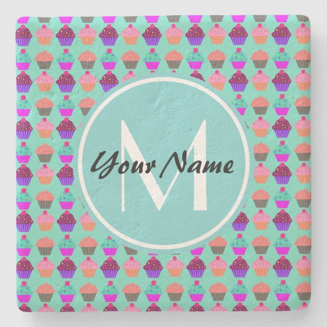 Aqua Cupcake Personalised Monogram Stone Coaster (Front)