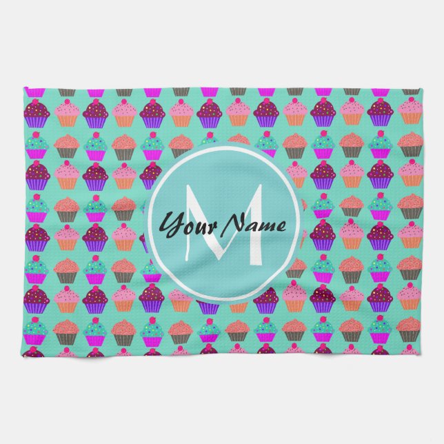 Aqua Cupcake Personalised Monogram Tea Towel (Horizontal)