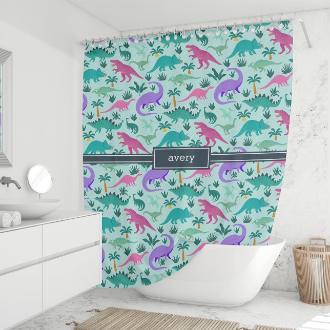 Aqua | Cute Colorful Dinosaur Pattern Kids Name Shower Curtain (Creator Uploaded)