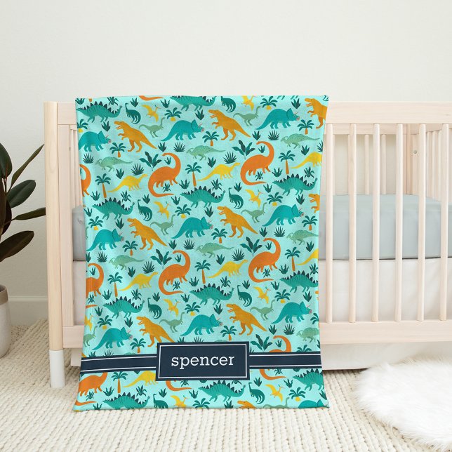 Aqua | Cute Colourful Dinosaur Pattern Kids Name Fleece Blanket (Creator Uploaded)