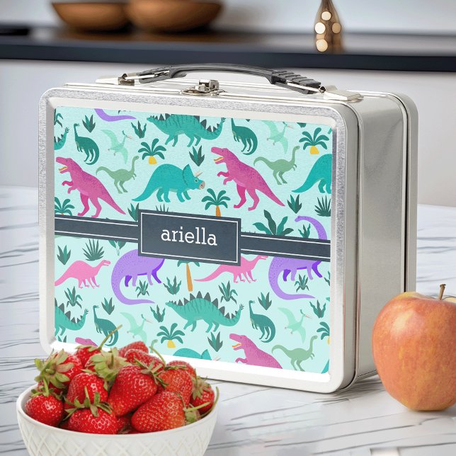 Aqua | Cute Colourful Dinosaur Pattern Kids Name Metal Lunch Box (Creator Uploaded)