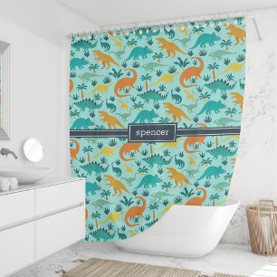Aqua   Cute Colourful Dinosaur Pattern Kids Name Shower Curtain