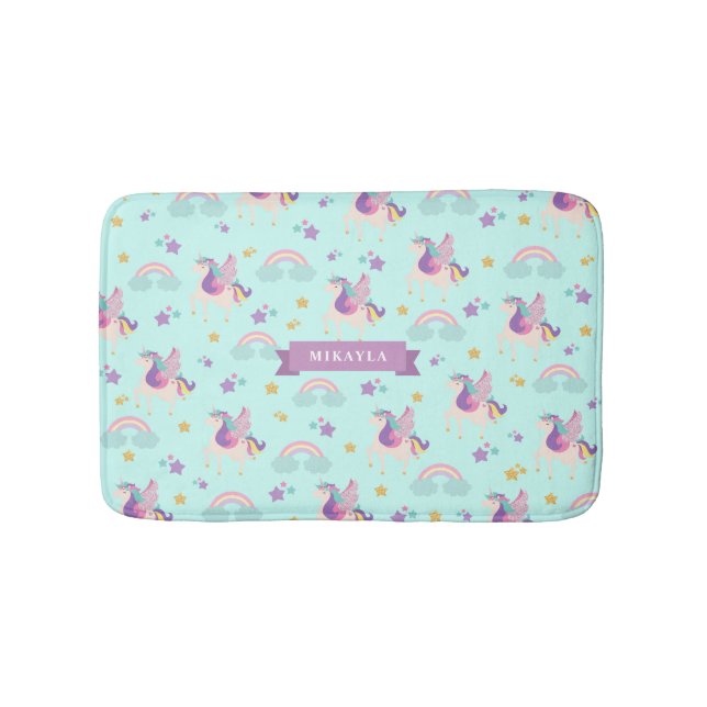 Aqua | Cute Rainbow Unicorn Kids Bath Mat (Front)