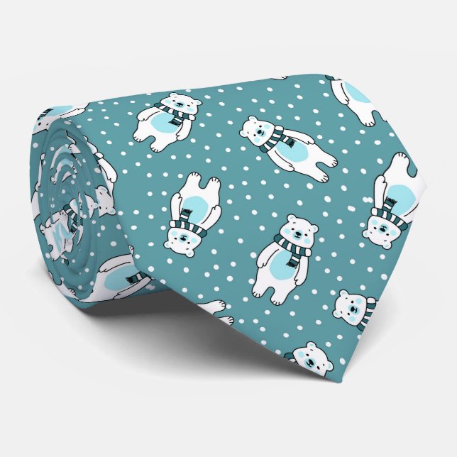 Aqua cute snow polar bear pattern tie (Rolled)