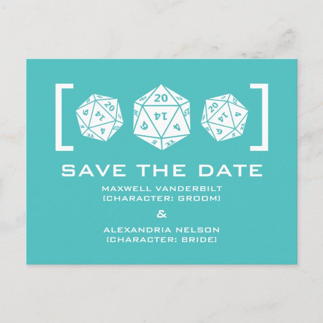 Aqua D20 Dice Gamer Save the Date Postcard (Front)
