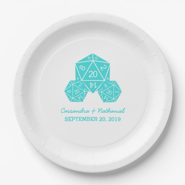 Aqua D20 Dice Wedding Paper Plates (Front)