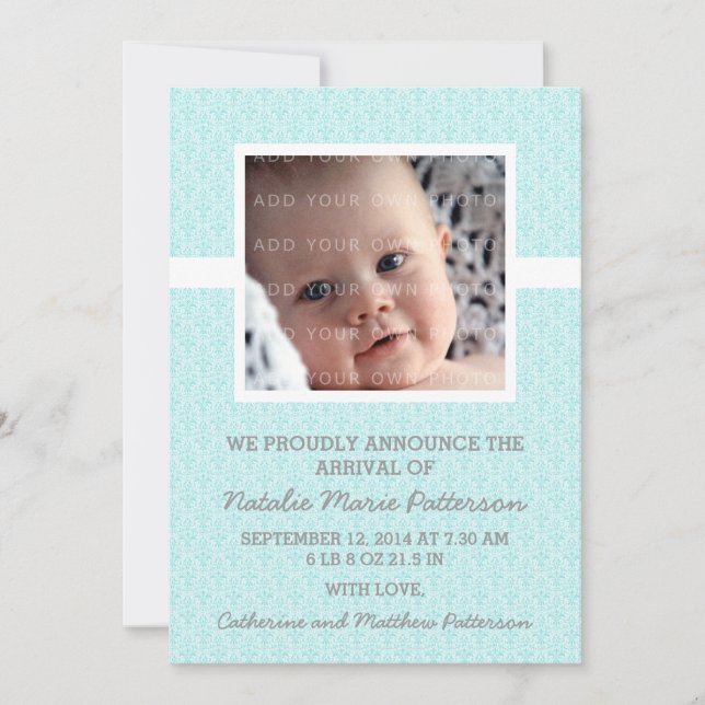Aqua Damask Frame Photo Baby Announcement (Front)