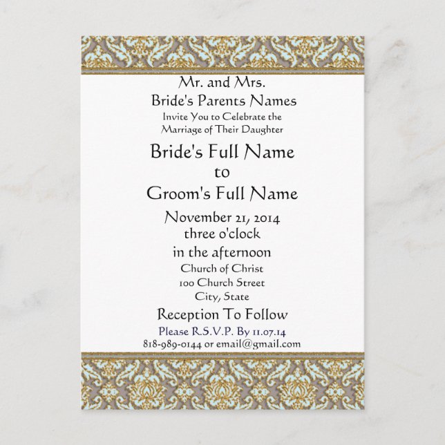 Aqua Damask  Grey Wedding Invitation Postcard (Front)