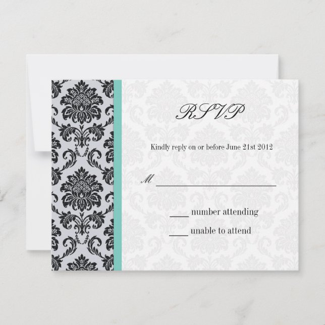 Aqua Damask Monogram Wedding RSVP (Front)