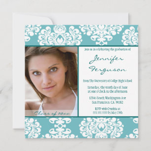 Aqua damask photo graduation party announcement
