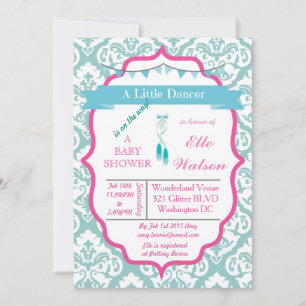Aqua Damask Tutu Ballerina Baby Shower Invitations