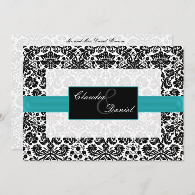aqua  damask wedding invitation (Front/Back)