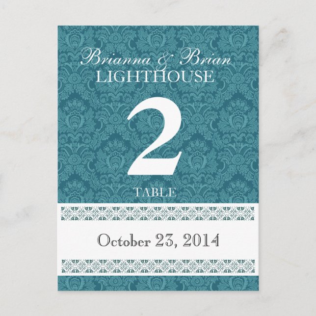 Aqua Damask Wedding Table Number Card Reception (Front)