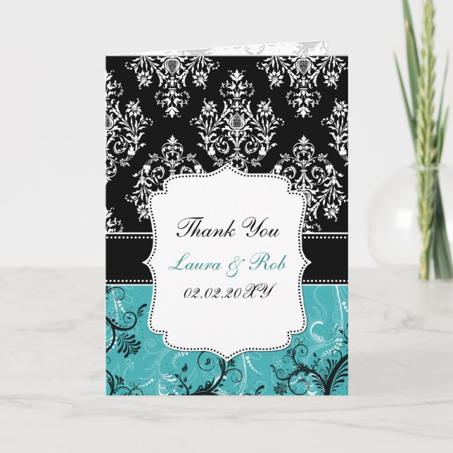 aqua damask wedding Thank You Card (Front)