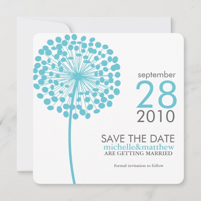 Aqua Dandelion Save the Date Announcements (Front)