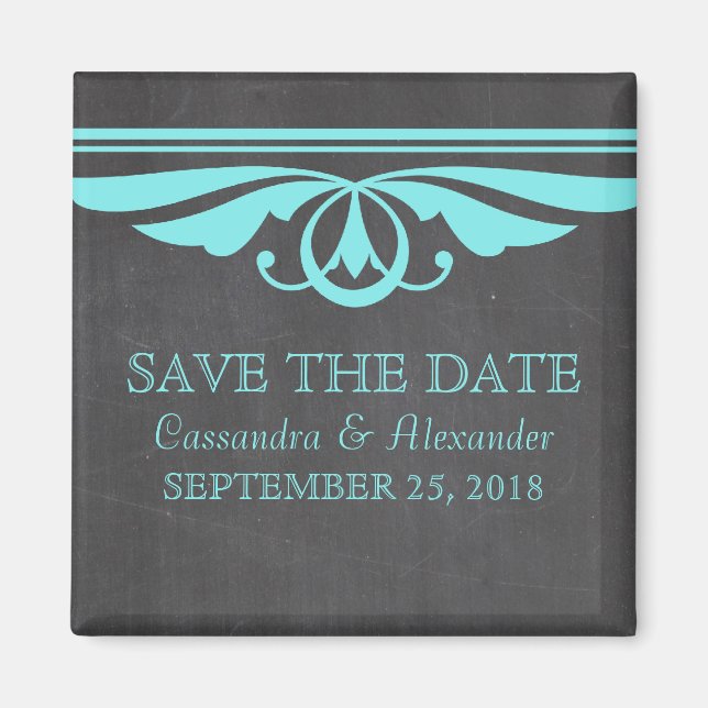 Aqua Deco Chalkboard Save the Date Magnet (Front)