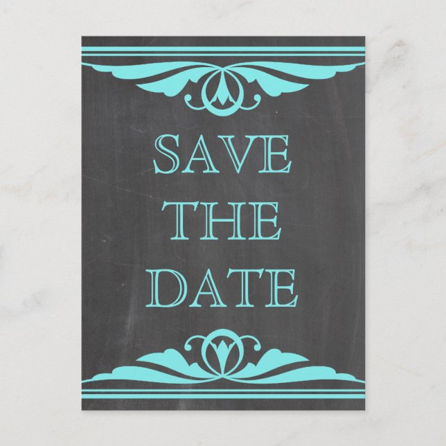 Aqua Deco Chalkboard Save the Date Postcard (Front)