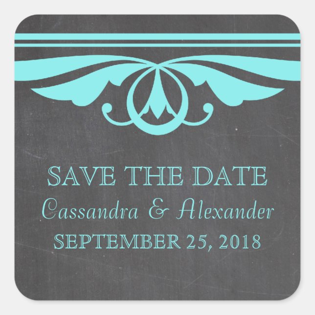 Aqua Deco Chalkboard Save the Date Stickers (Front)