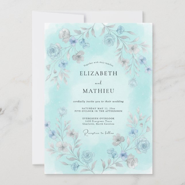 Aqua Delicate Botanical Wedding Invitation (Front)