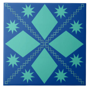 Aqua Diamond Fun Blue Background Ceramic Tile