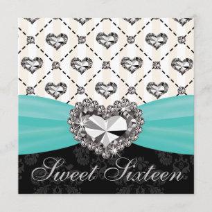 Aqua Diamond Heart Sweet Sixteen Invitations