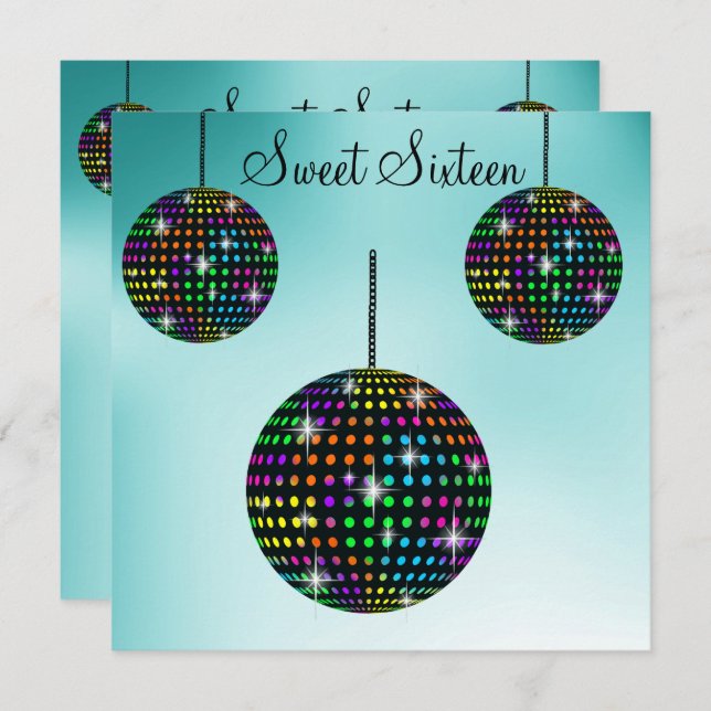 Aqua  DISCOBALL SWEET SIXTEEN PARTY INVITATION (Front/Back)