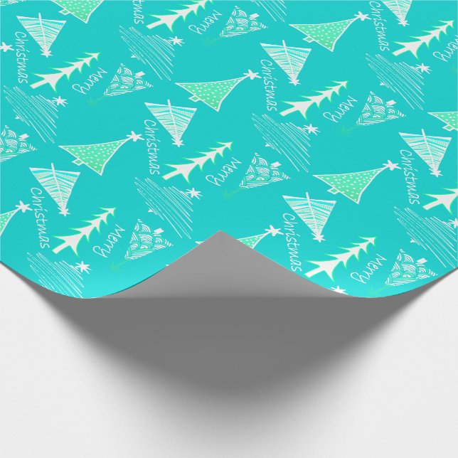 Aqua Doodle Christmas Trees Wrapping Paper (Corner)