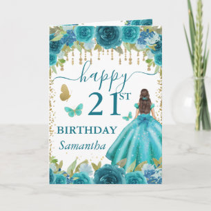 Aqua Dress Brunette Haired Princess Birthday Card