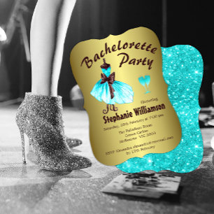 Aqua Dress on Gold Bachelorette Party Invitation