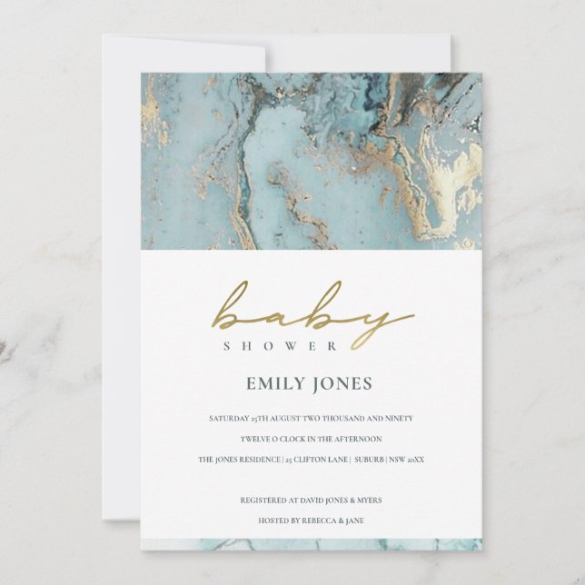 AQUA DUSKY BLUE GOLD AGATE BABY SHOWER INVITE (Front)