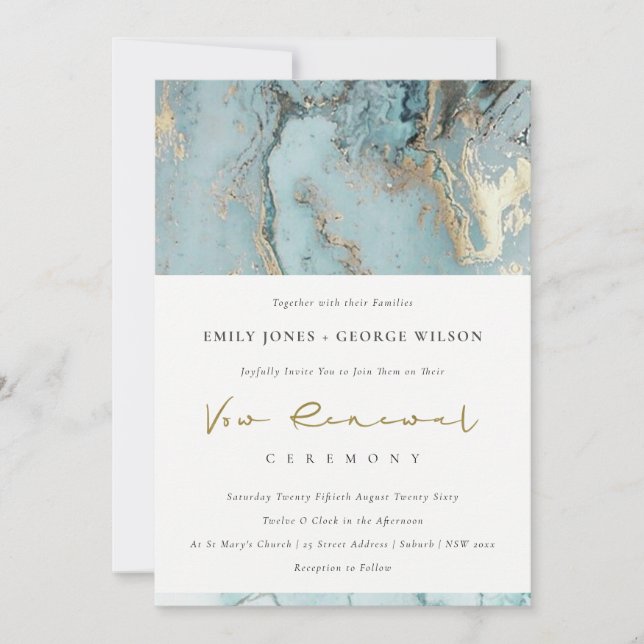 AQUA DUSKY BLUE GOLD AGATE VOW RENEWAL INVITE (Front)