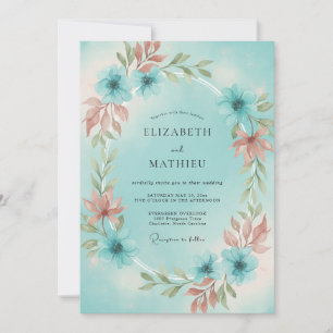 Aqua Dusty Coral Wreath Wedding Invitation