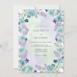 Aqua Dusty Lilac Peony Wedding Invitation