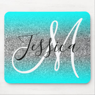 Aqua Edge Ombre Silver Glitter Monogram Mouse Pad
