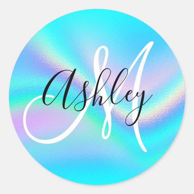 Aqua Edge Rainbow Wave Ombre Foil Monogram Classic Round Sticker (Front)