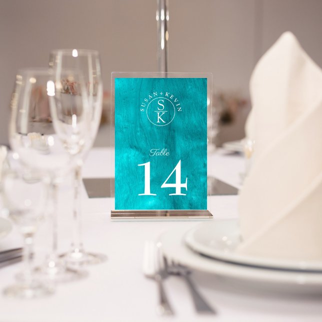 Aqua Elegance Turquoise & Teal Watercolor Wedding Table Number (Creator Uploaded)